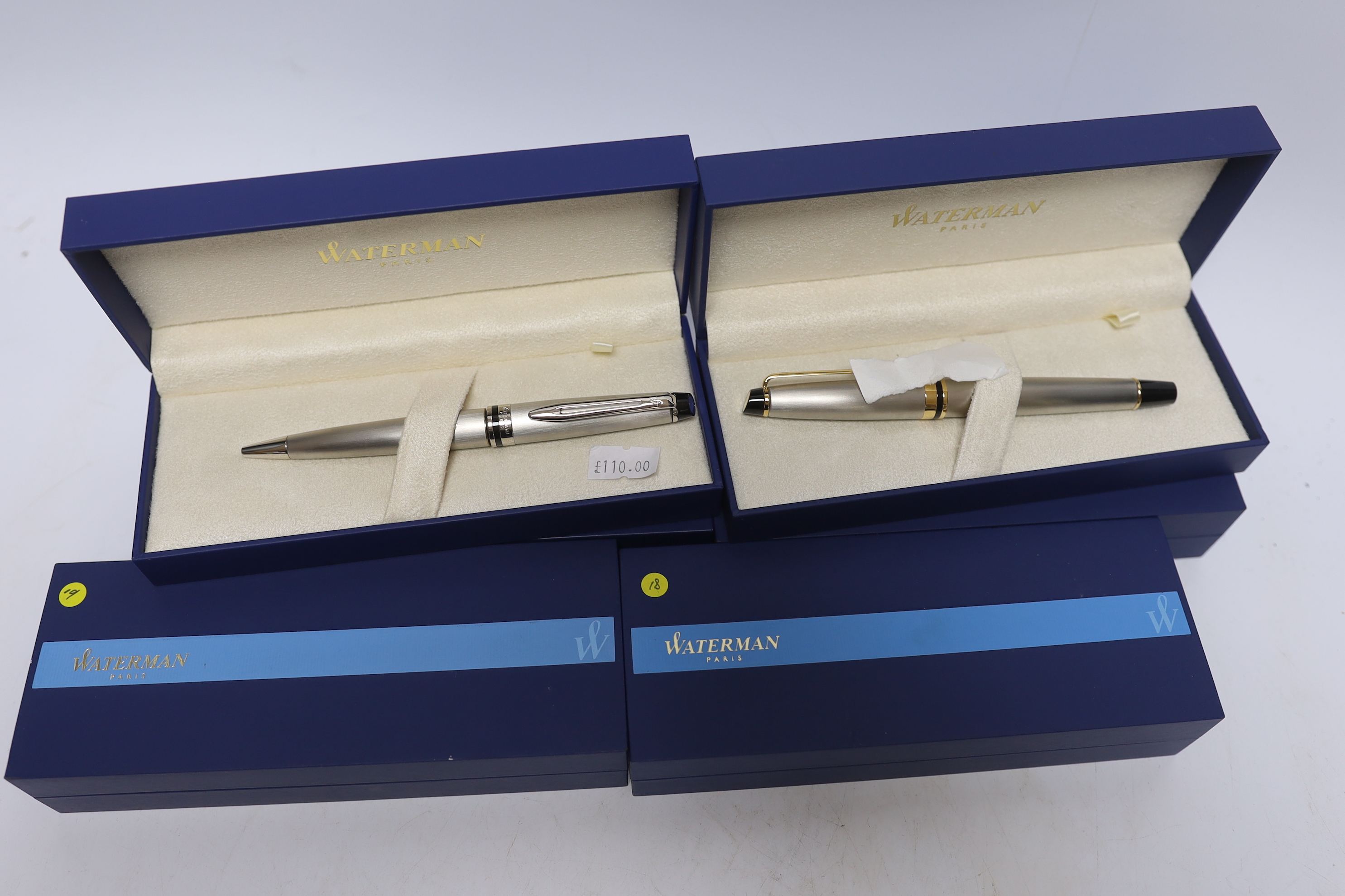Six boxed Waterman pens; three Expert Rollerball pens, two Expert Ballpoint pens, and a Hemisphere Rollerball pen